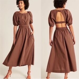 Abercrombie & Fitch Cut Out Puff Sleeve Midi Dress Brown Sz Medium